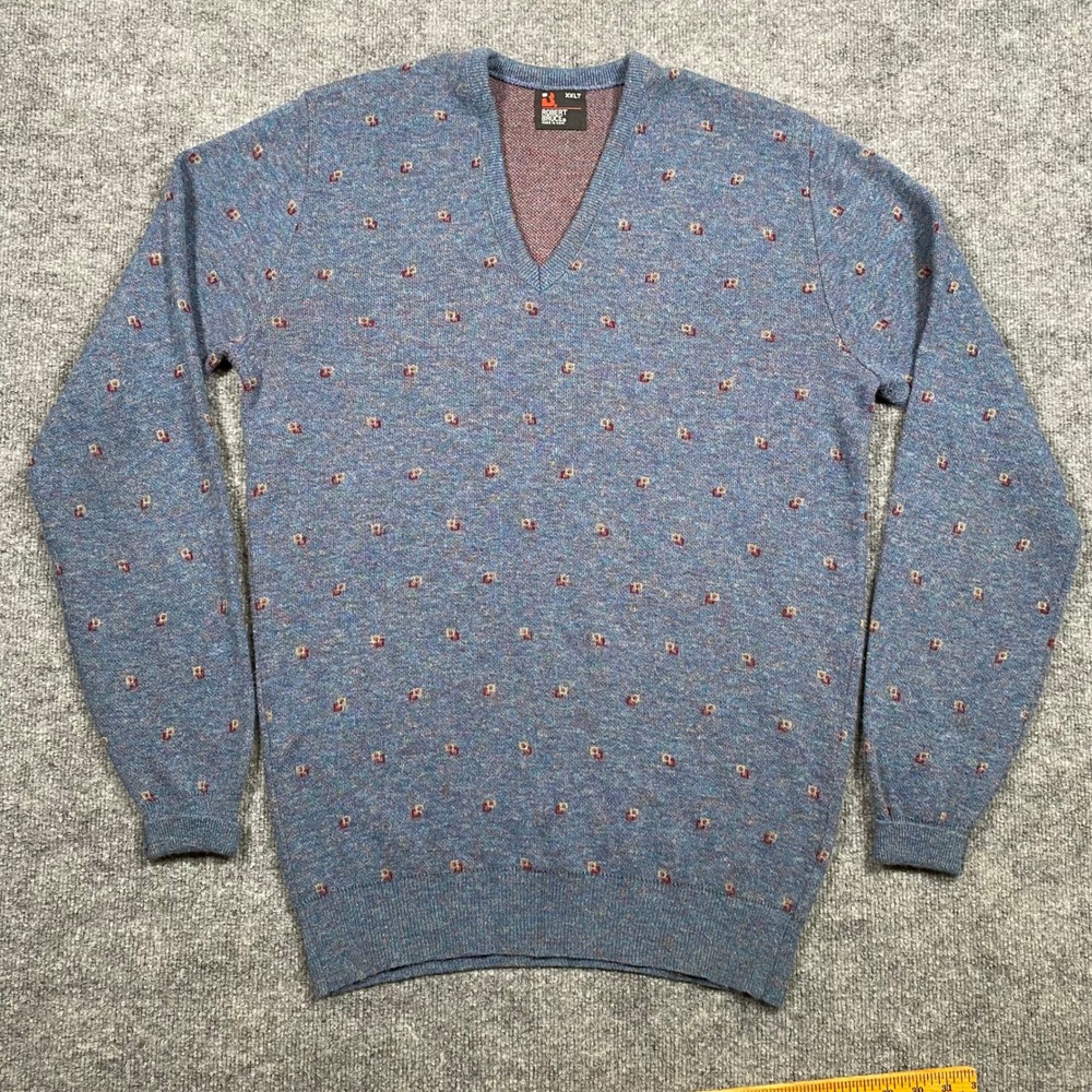 Robert Bruce Vintage Mens XXLT Blue V-Neck Geometric Knit Sweater Made in USA